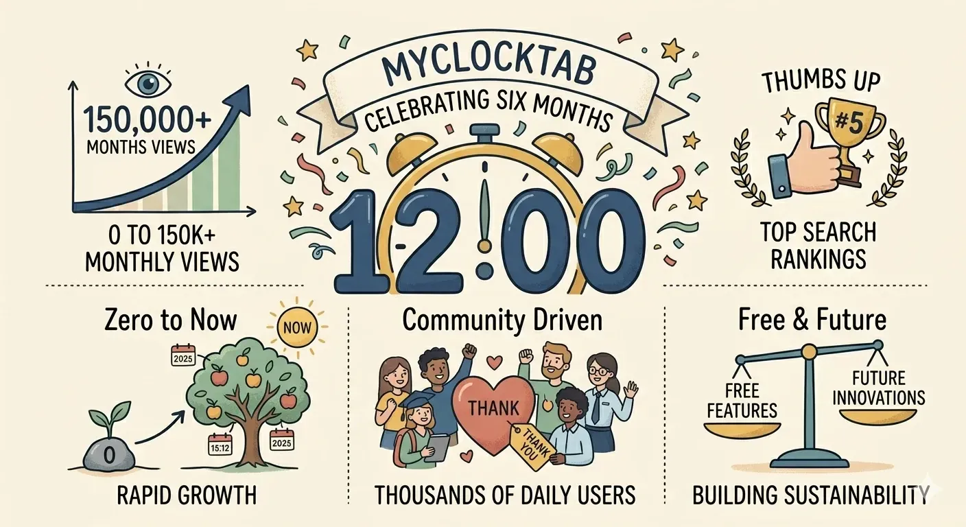 MyClockTab 6-month milestone achievement: 150k monthly views, top 5 Google search ranking, and community growth from 2025 to 2026. Hand-drawn illustration showing productivity tool success