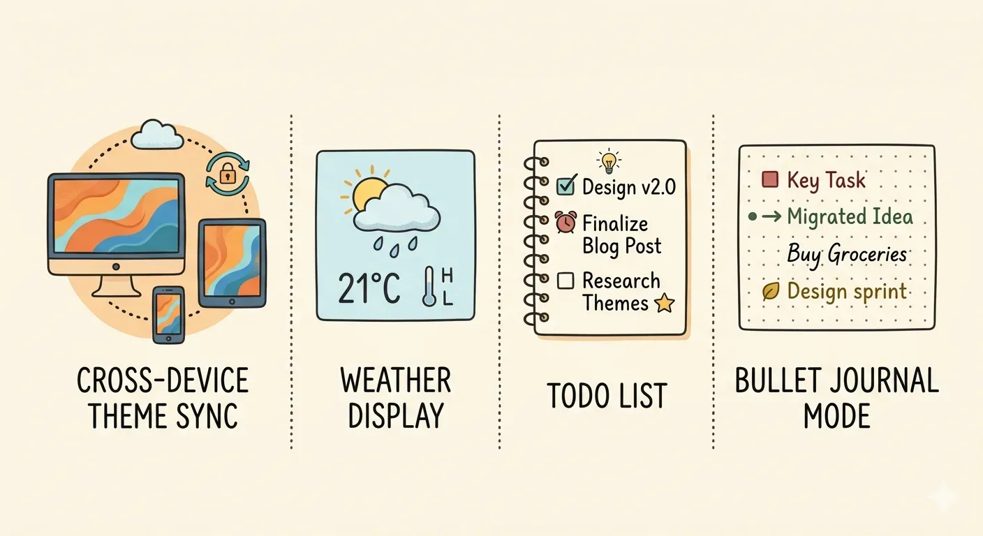 MyClockTab v2.0 features: Theme sync, weather, todo list, and bullet journal mode